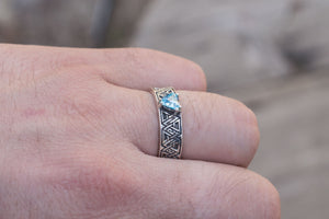 Valknut Symbol Ring with Blue Cubic Zirconia Sterling Silver Handmade Jewelry - vikingworkshop