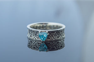 Valknut Symbol Ring with Blue Cubic Zirconia Sterling Silver Handmade Jewelry - vikingworkshop