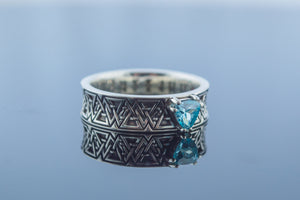 Valknut Symbol Ring with Blue Cubic Zirconia Sterling Silver Handmade Jewelry - vikingworkshop