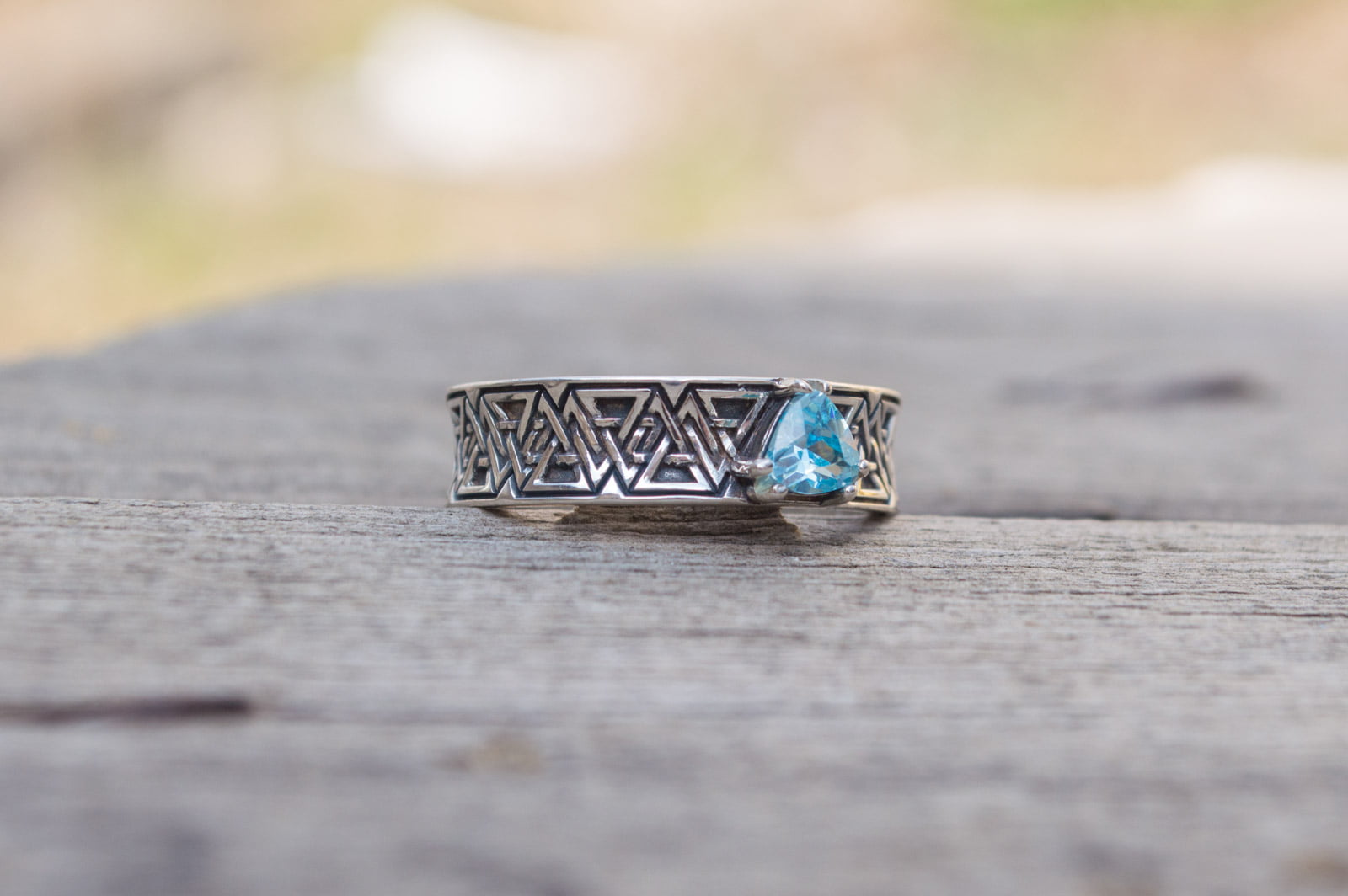 Valknut Symbol Ring with Blue Cubic Zirconia Sterling Silver Handmade Jewelry - vikingworkshop