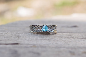 Valknut Symbol Ring with Blue Cubic Zirconia Sterling Silver Handmade Jewelry - vikingworkshop