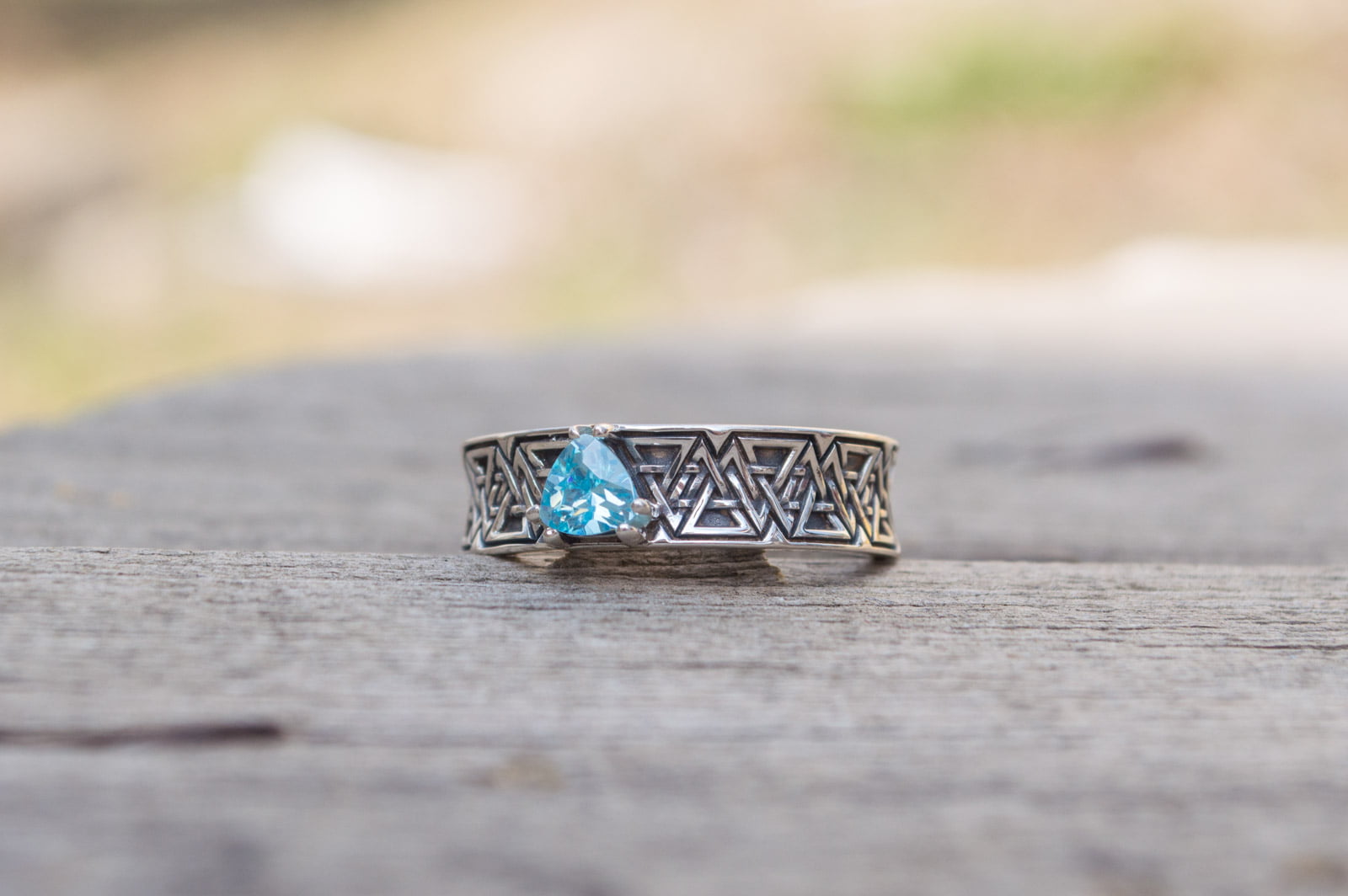 Valknut Symbol Ring with Blue Cubic Zirconia Sterling Silver Handmade Jewelry - vikingworkshop