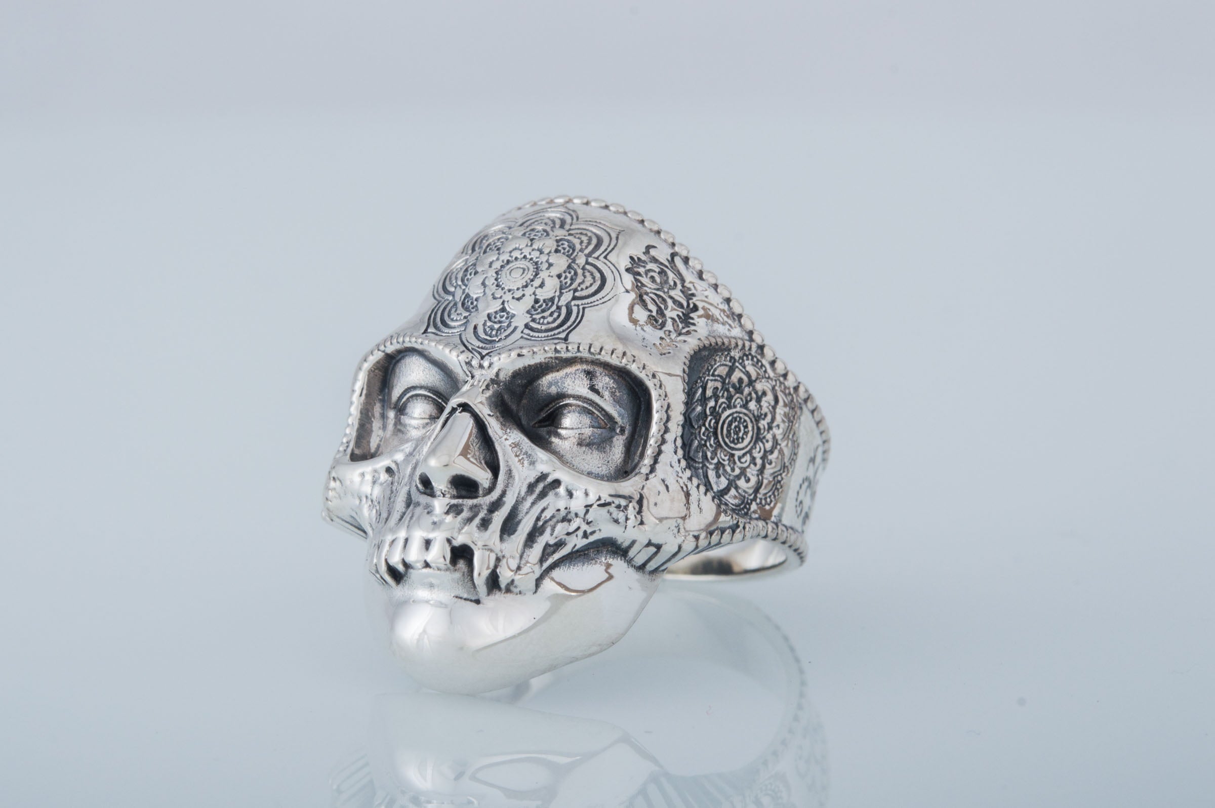 Skull Mask Ring with Ornament Sterling Silver Unique Norse Jewelry - vikingworkshop