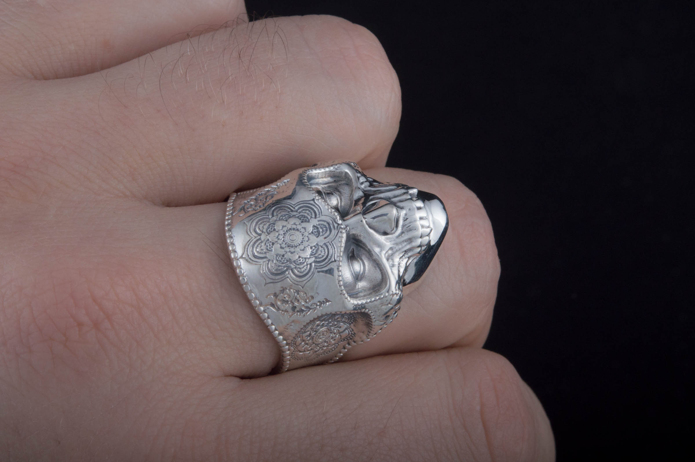 Skull Mask Ring with Ornament Sterling Silver Unique Norse Jewelry - vikingworkshop