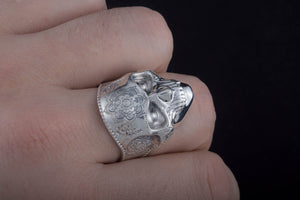 Skull Mask Ring with Ornament Sterling Silver Unique Norse Jewelry - vikingworkshop