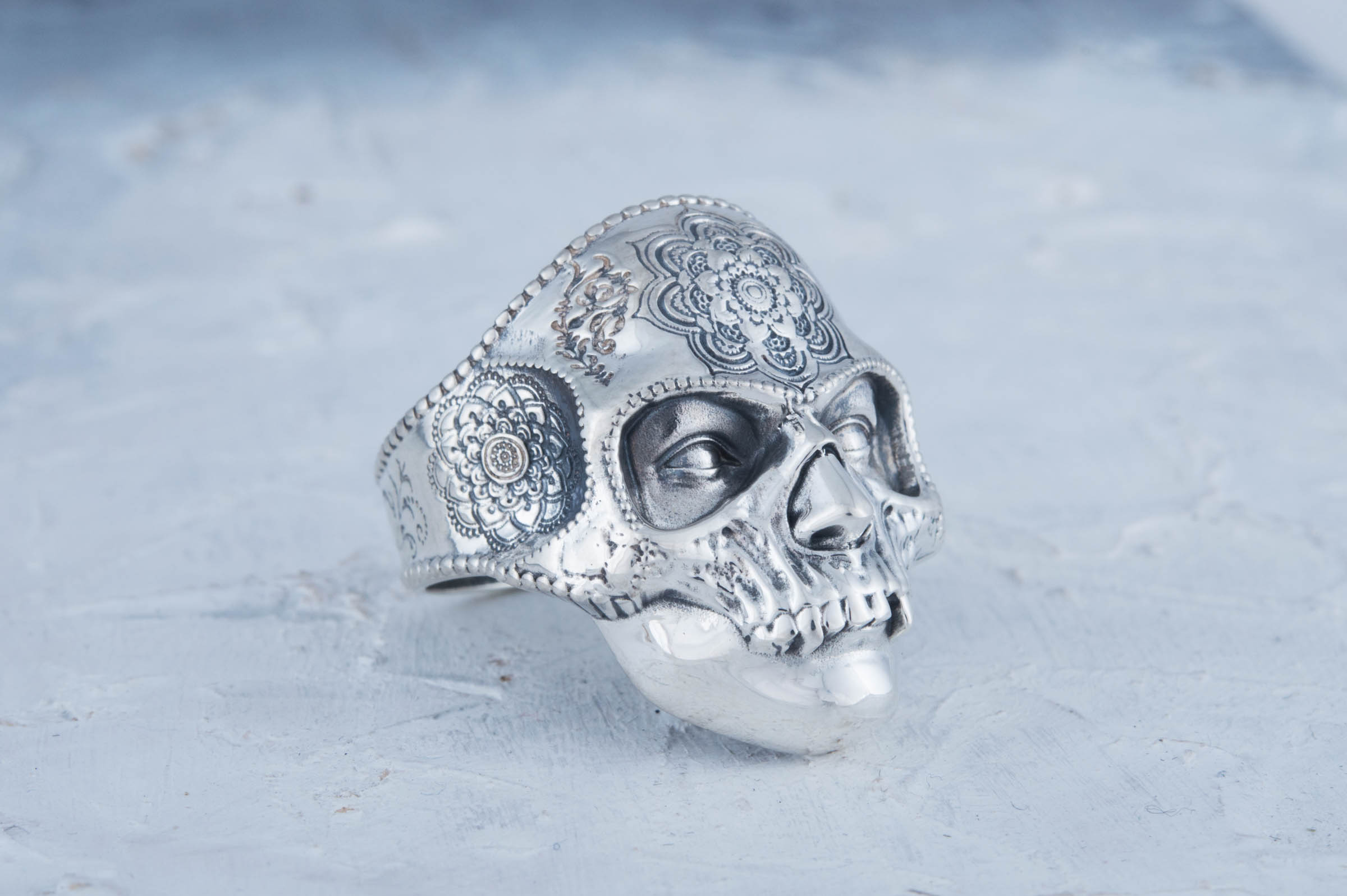 Skull Mask Ring with Ornament Sterling Silver Unique Norse Jewelry - vikingworkshop