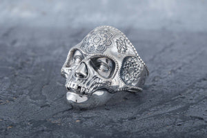 Skull Mask Ring with Ornament Sterling Silver Unique Norse Jewelry - vikingworkshop