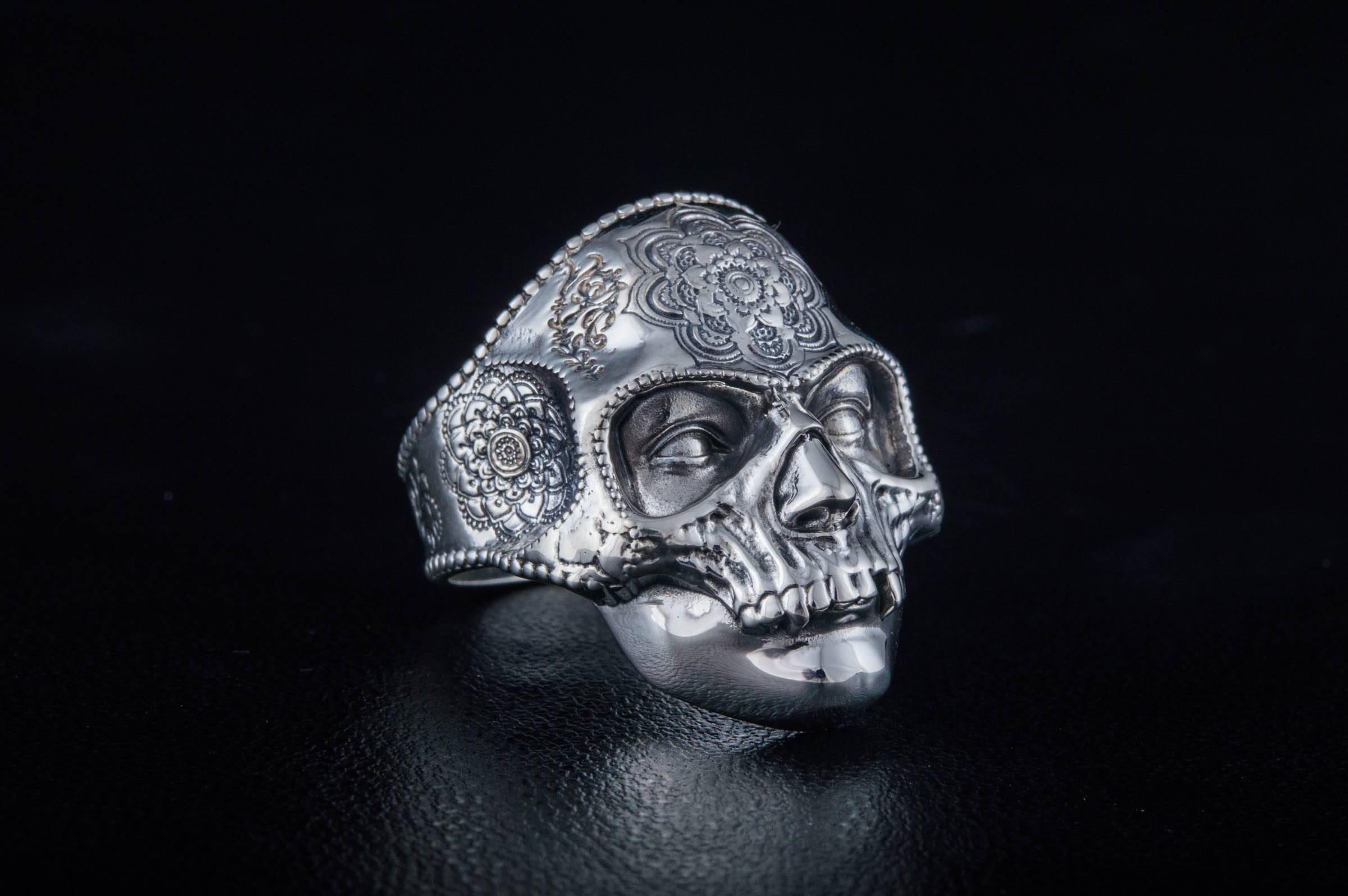 Skull Mask Ring with Ornament Sterling Silver Unique Norse Jewelry - vikingworkshop