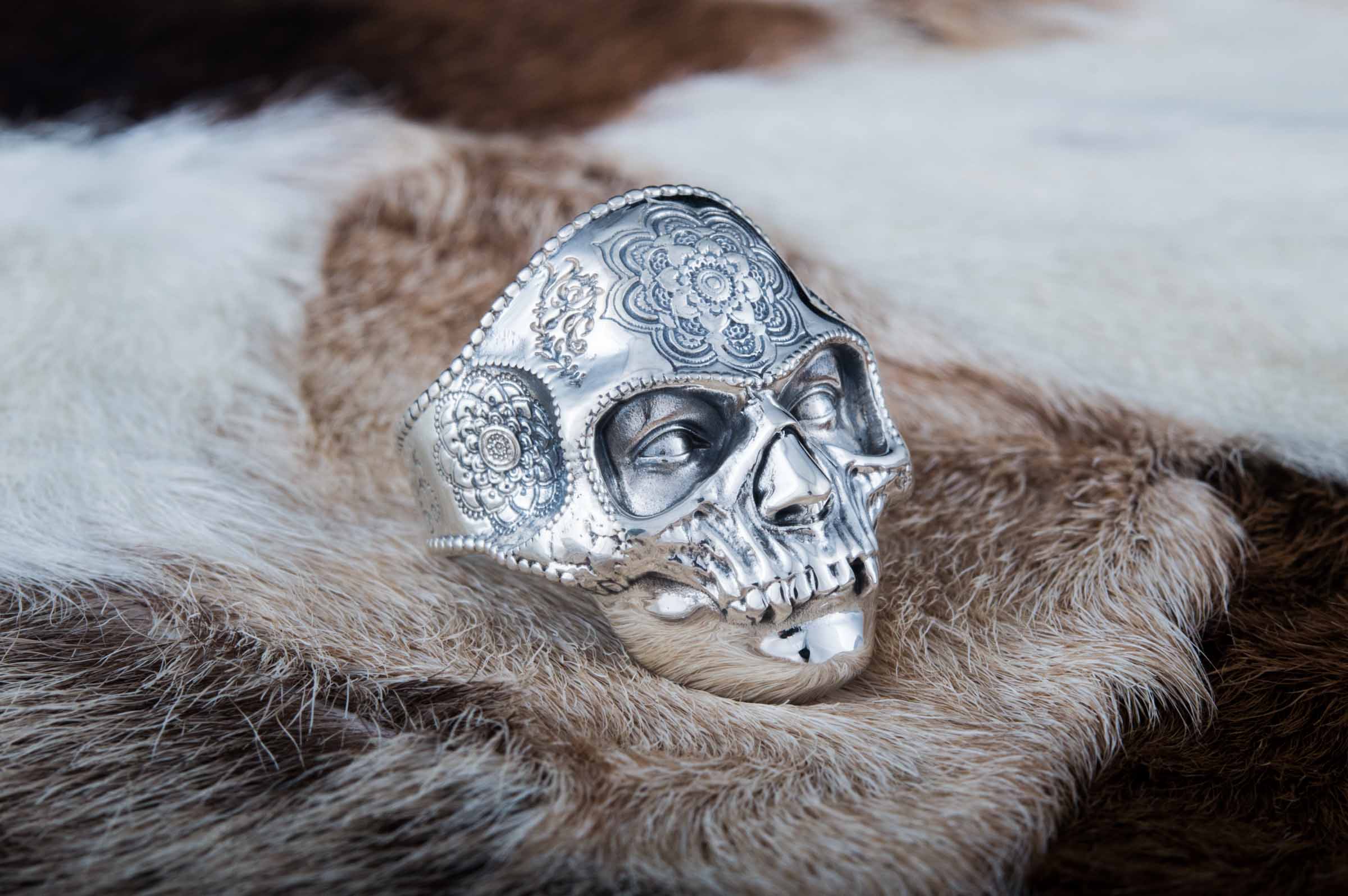 Skull Mask Ring with Ornament Sterling Silver Unique Norse Jewelry - vikingworkshop