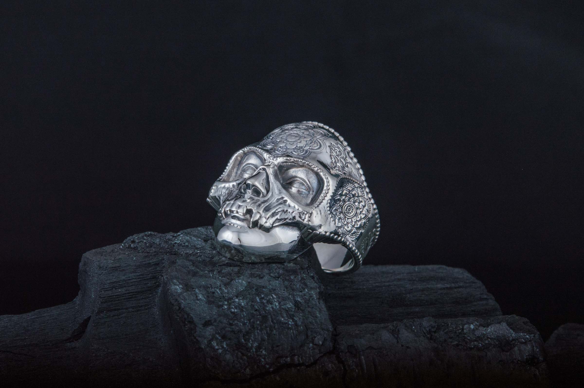 Skull Mask Ring with Ornament Sterling Silver Unique Norse Jewelry - vikingworkshop