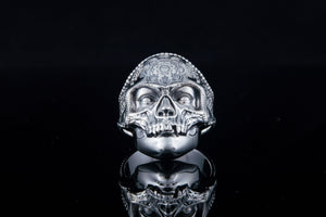 Skull Mask Ring with Ornament Sterling Silver Unique Norse Jewelry - vikingworkshop