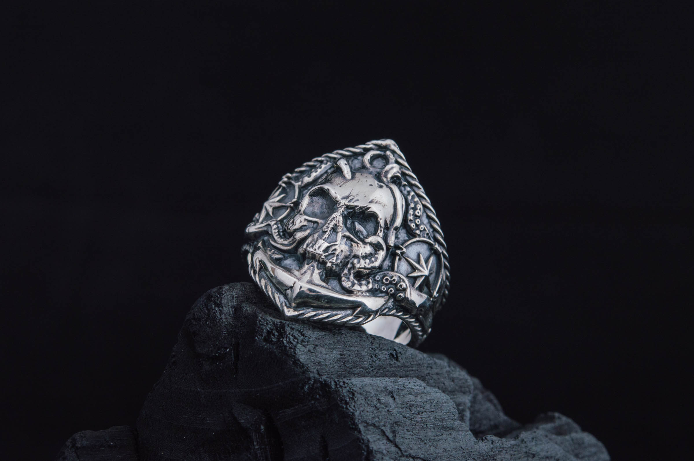 Skull Ring with Anchor Sterling Silver Unique Norse Jewelry - vikingworkshop