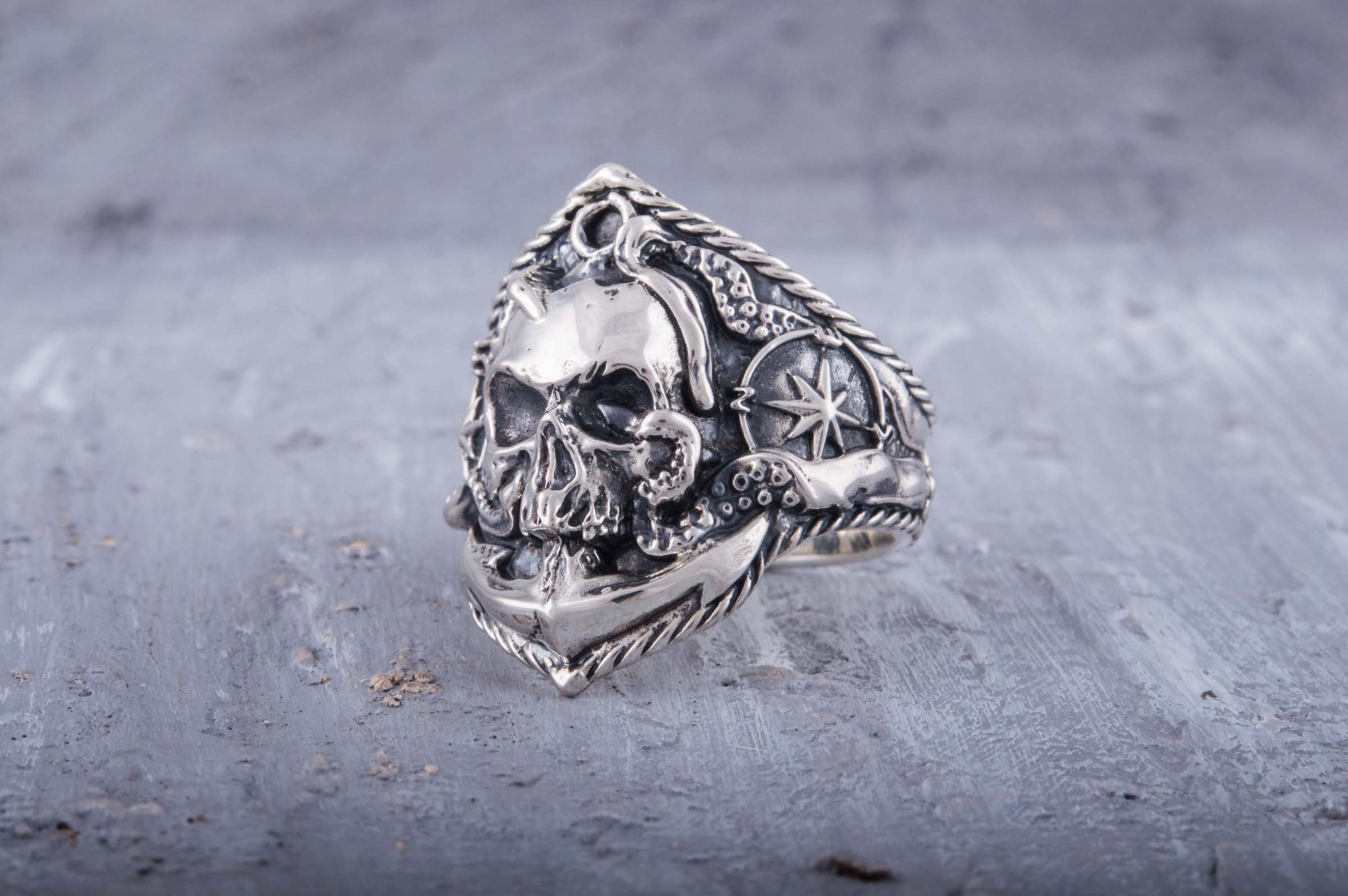 Skull Ring with Anchor Sterling Silver Unique Norse Jewelry - vikingworkshop