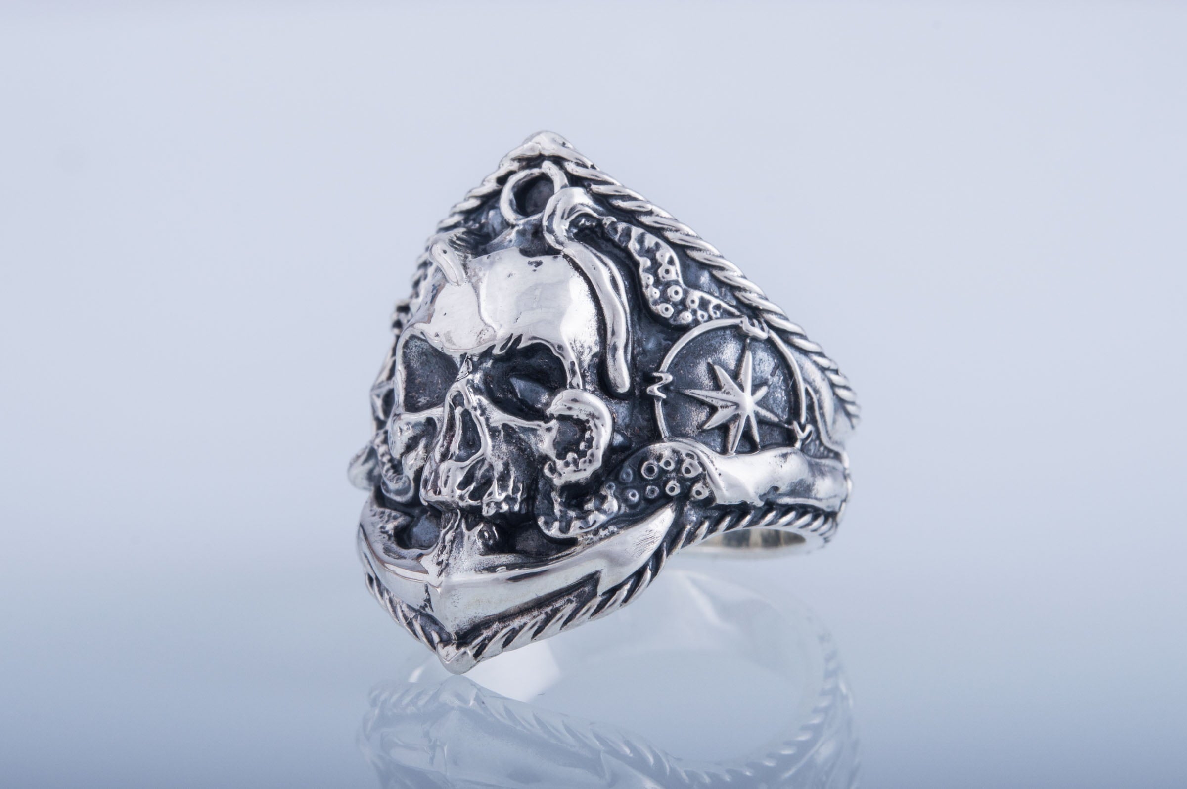 Skull Ring with Anchor Sterling Silver Unique Norse Jewelry - vikingworkshop