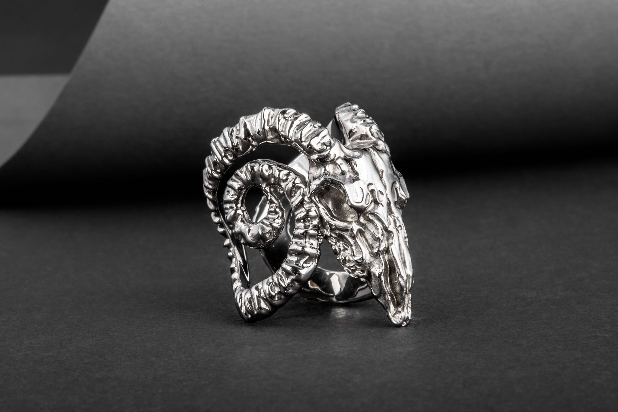 Ram Skull Ring Ruthenium Plated Sterling Silver Unique Black Limited Edition Jewelry - vikingworkshop