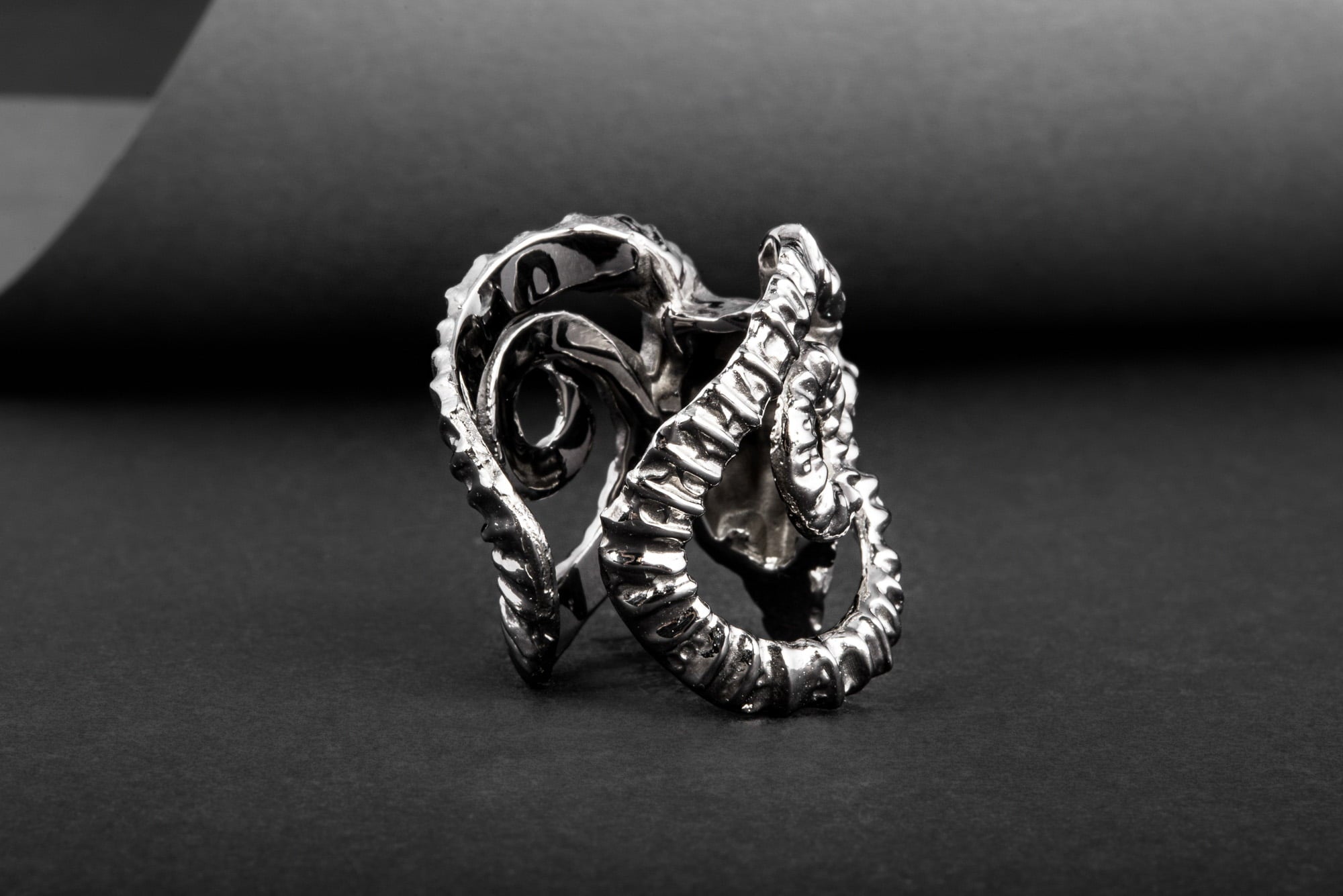 Ram Skull Ring Ruthenium Plated Sterling Silver Unique Black Limited Edition Jewelry - vikingworkshop