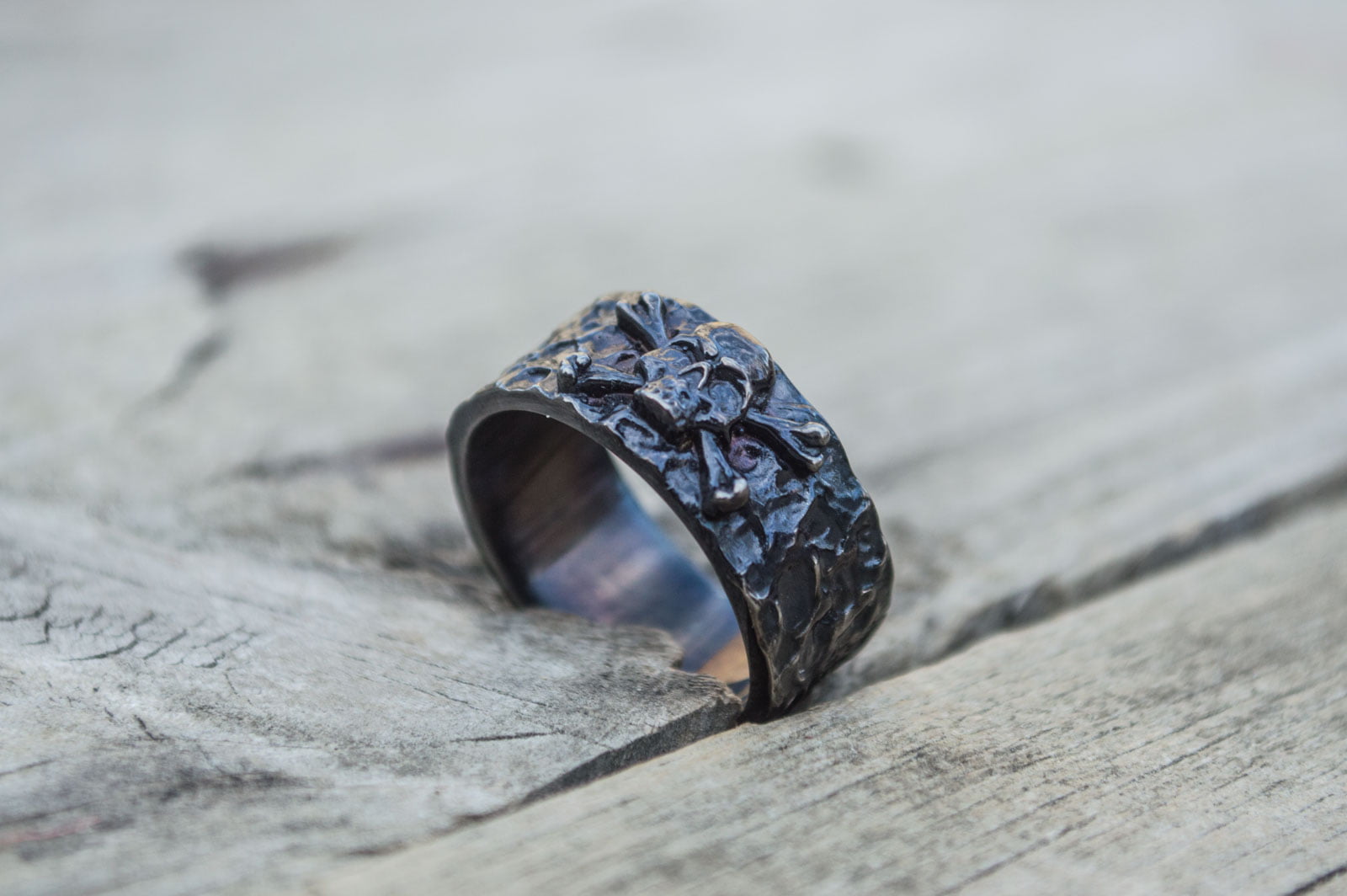 Ring with Jolly Roger Symbol Sterling Silver Ruthenium Plated Unique Jewelry - vikingworkshop