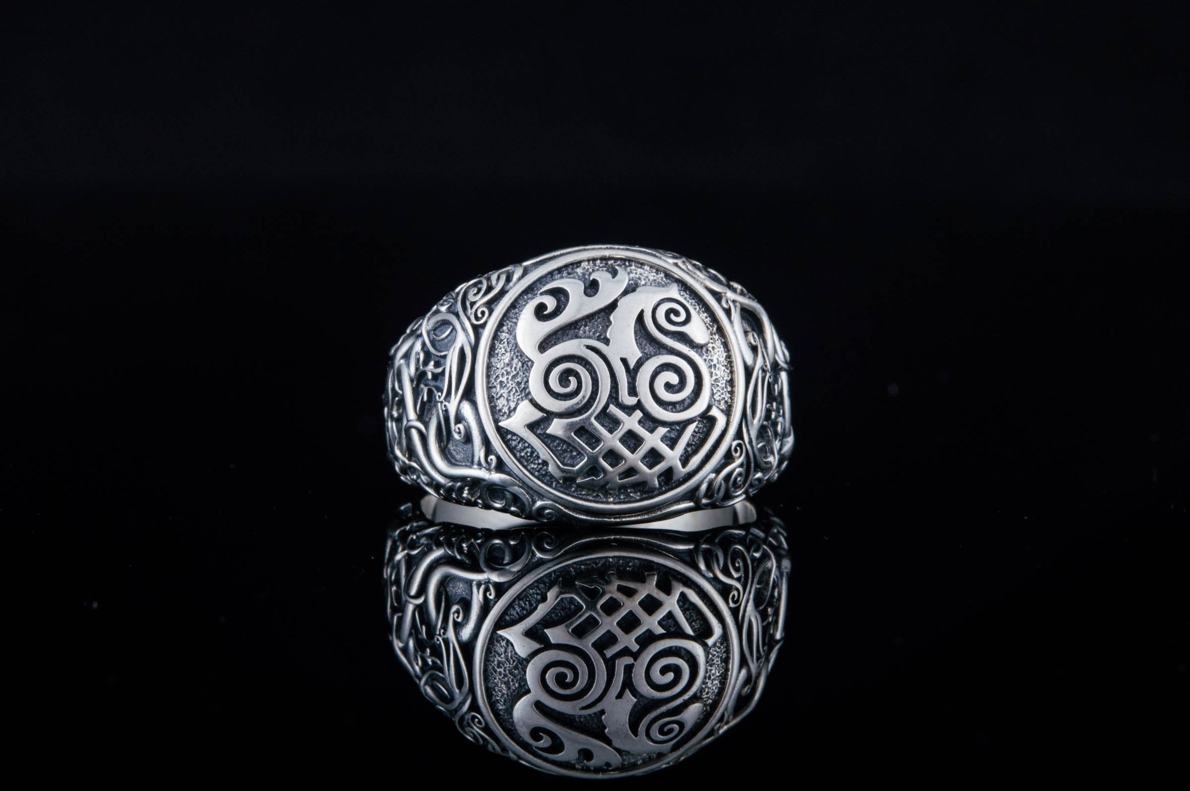 Sleipnir Symbol Ring with Urnes Style Sterling Silver Viking Jewelry - vikingworkshop