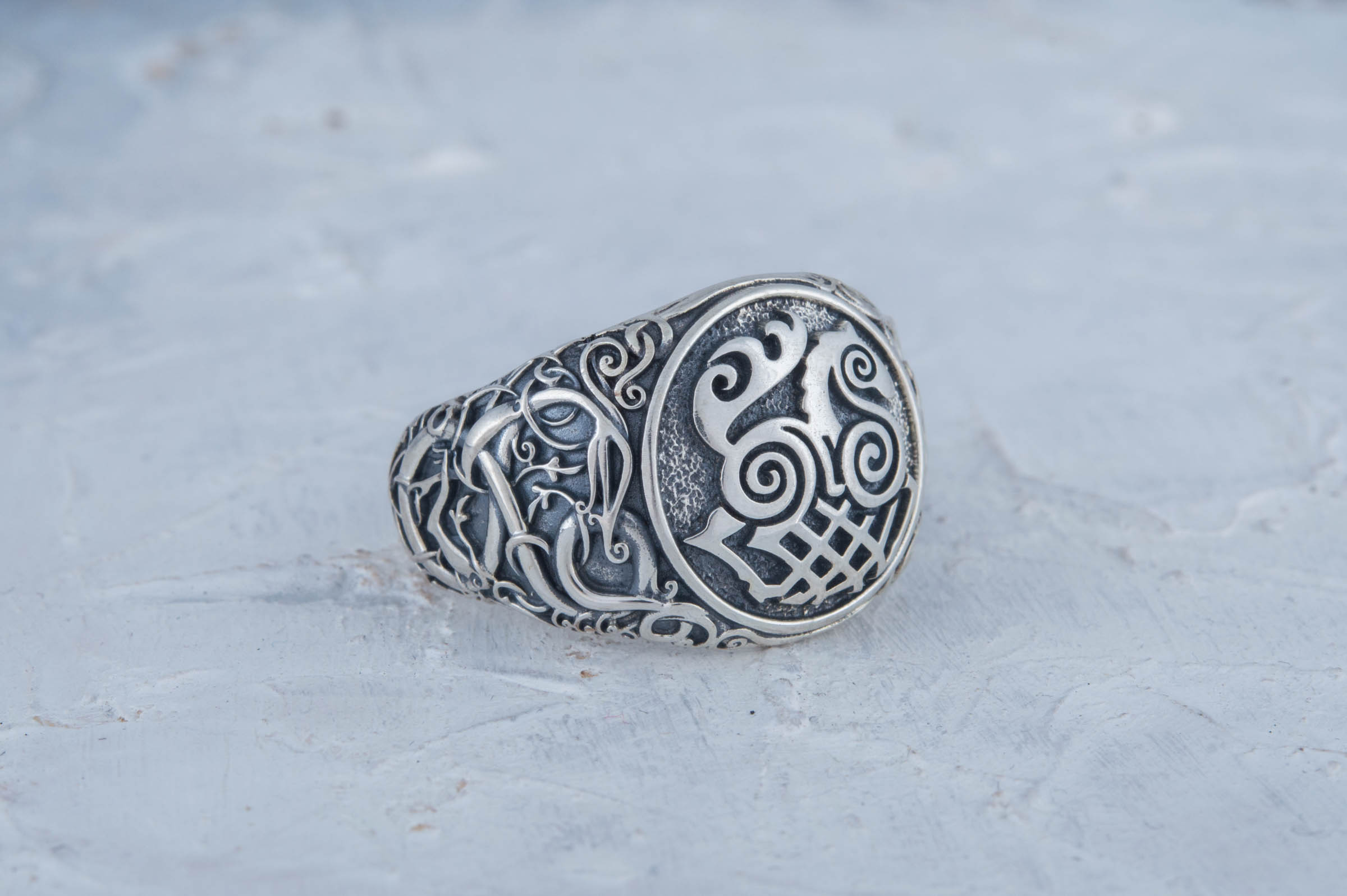 Sleipnir Symbol Ring with Urnes Style Sterling Silver Viking Jewelry - vikingworkshop