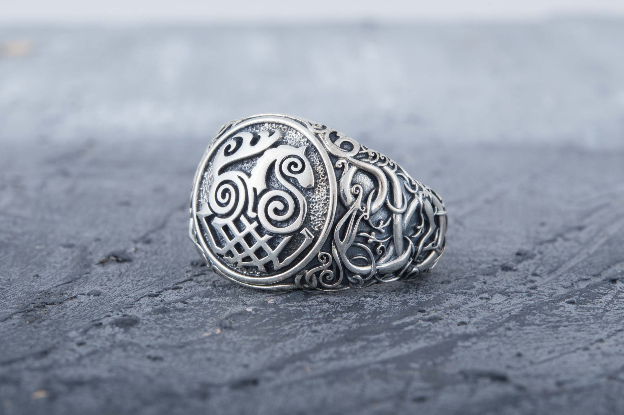 Sleipnir Symbol Ring with Urnes Style Sterling Silver Viking Jewelry - vikingworkshop