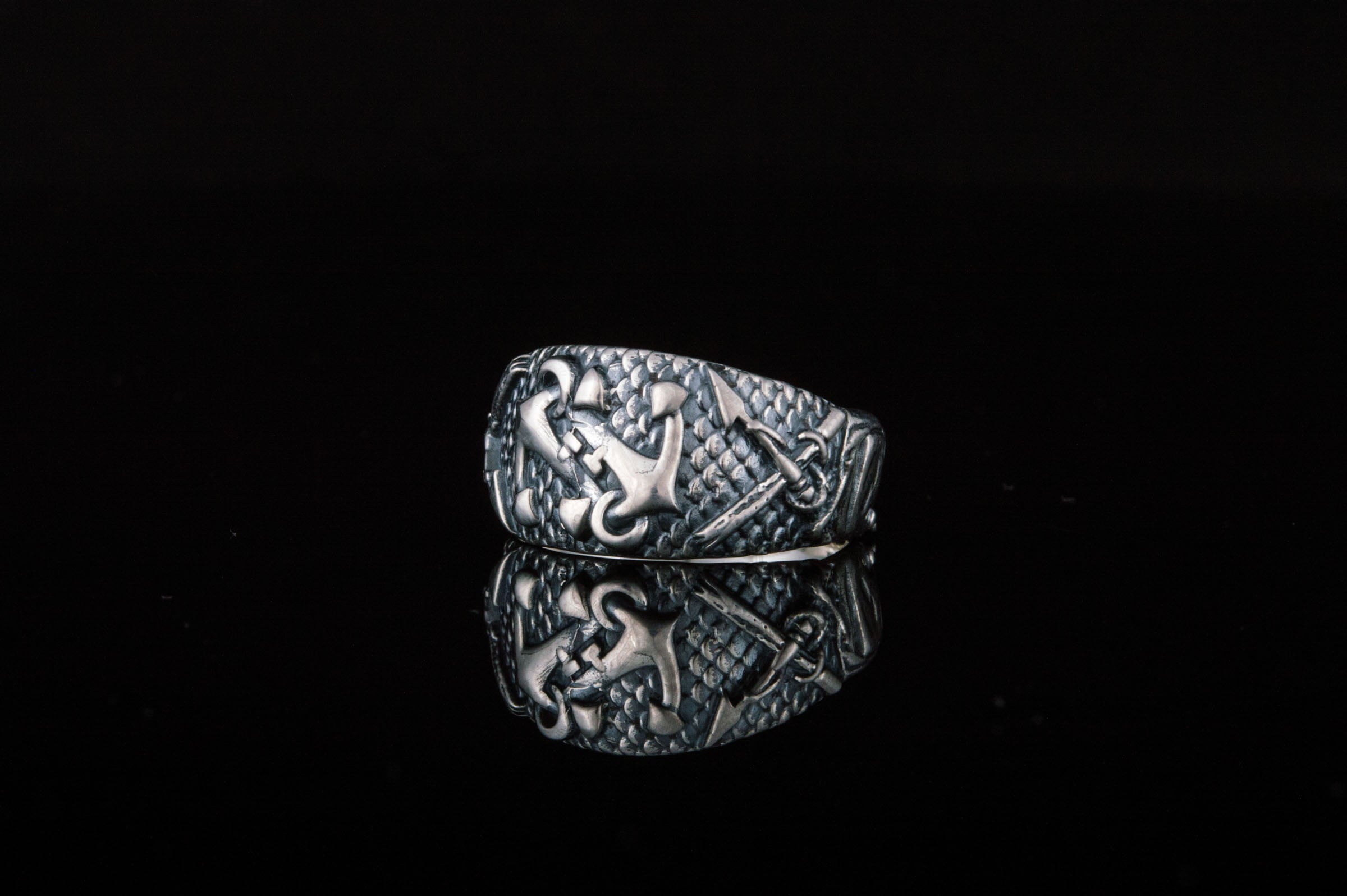 Fish Ring with Anchor Symbol Sterling Silver Handmade Unique Jewelry - vikingworkshop