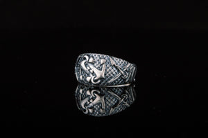 Fish Ring with Anchor Symbol Sterling Silver Handmade Unique Jewelry - vikingworkshop