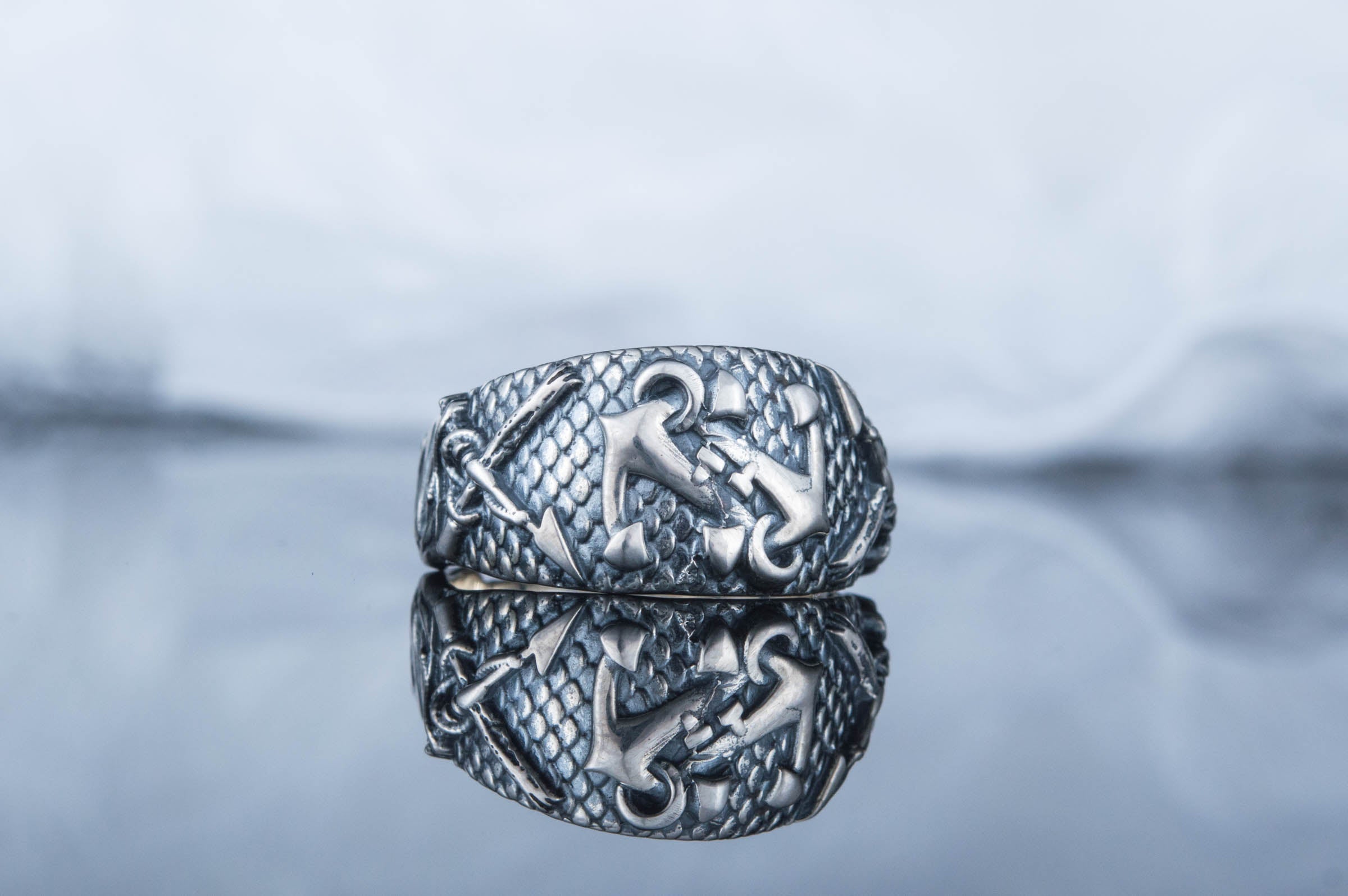 Fish Ring with Anchor Symbol Sterling Silver Handmade Unique Jewelry - vikingworkshop