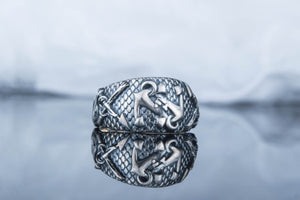 Fish Ring with Anchor Symbol Sterling Silver Handmade Unique Jewelry - vikingworkshop