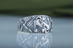 Fish Ring with Anchor Symbol Sterling Silver Handmade Unique Jewelry - vikingworkshop