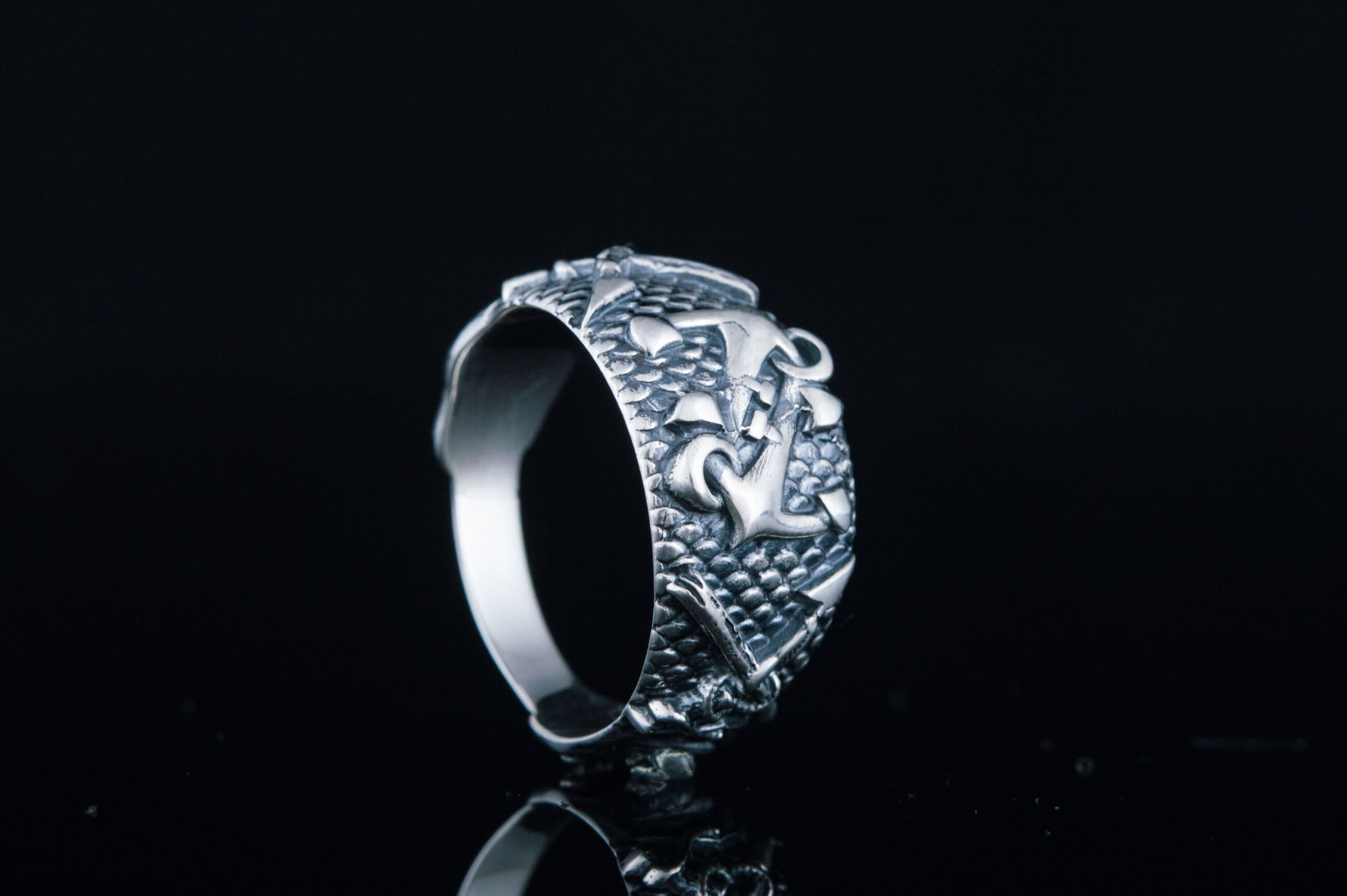 Fish Ring with Anchor Symbol Sterling Silver Handmade Unique Jewelry - vikingworkshop