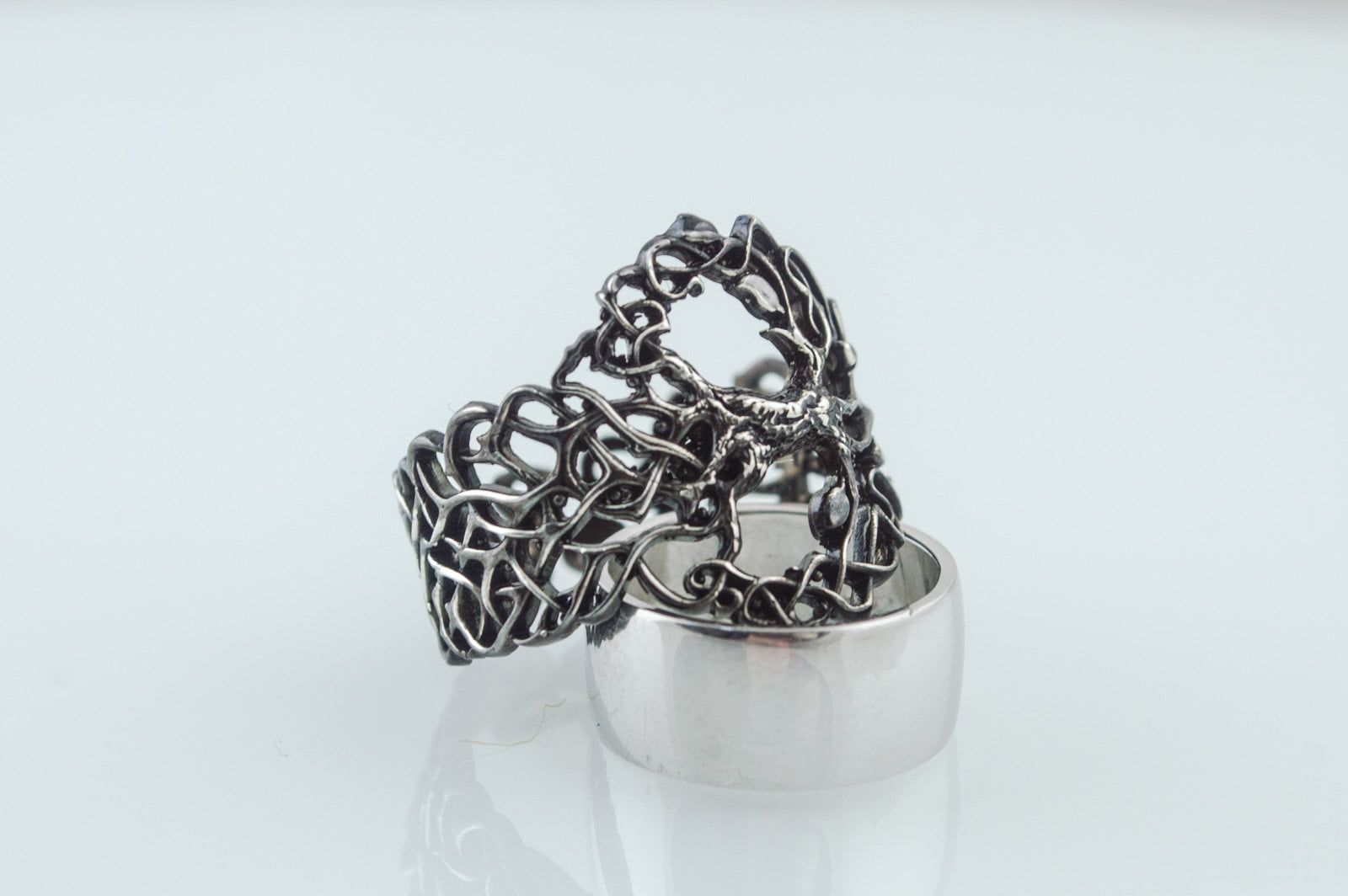 Yggdrasil Ring with Ornament Ruthenium Plated Sterling Silver Unique Black Limited Edition Norse Jewelry - vikingworkshop