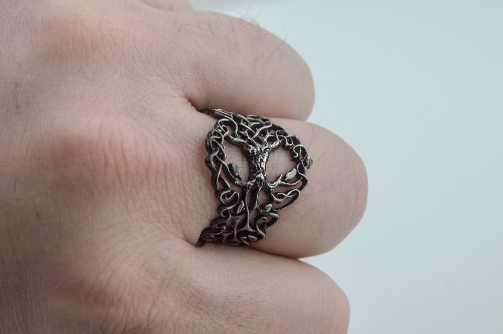 Yggdrasil Ring with Ornament Ruthenium Plated Sterling Silver Unique Black Limited Edition Norse Jewelry - vikingworkshop