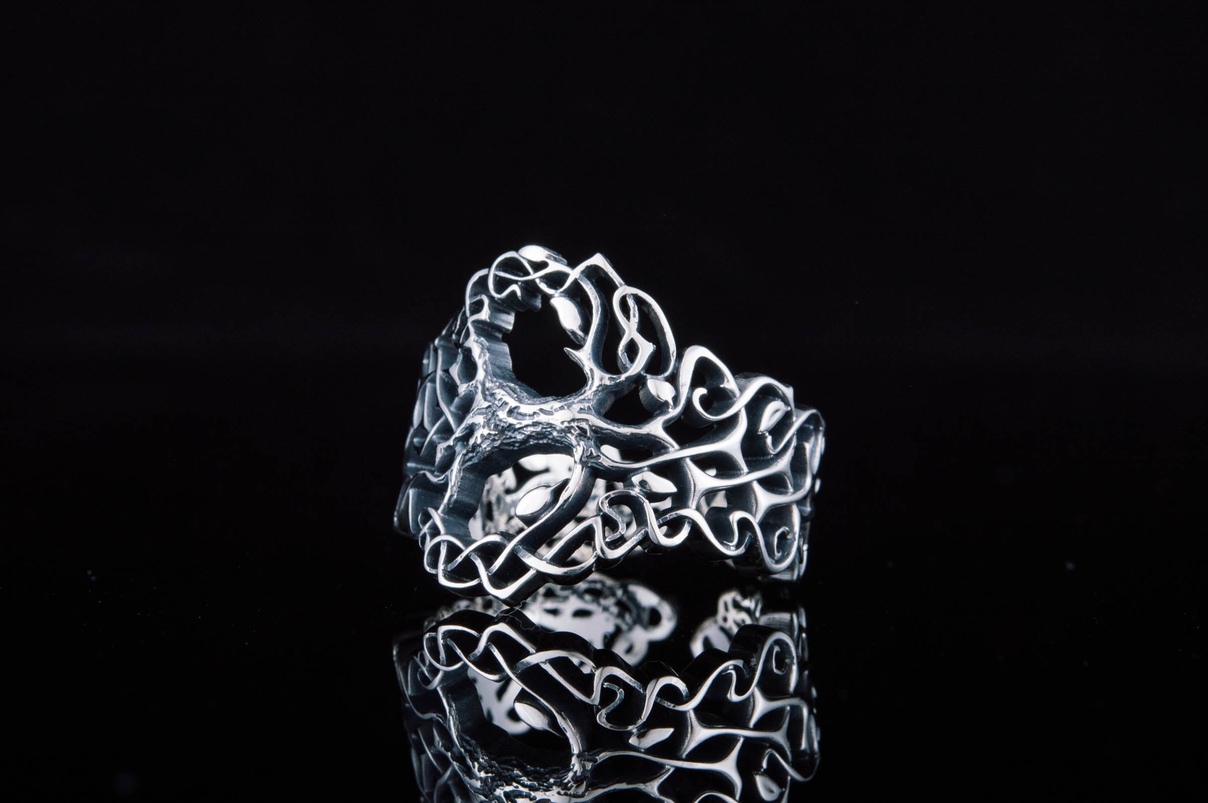 Yggdrasil Ring with Ornament Sterling Silver Unique Norse Jewelry - vikingworkshop