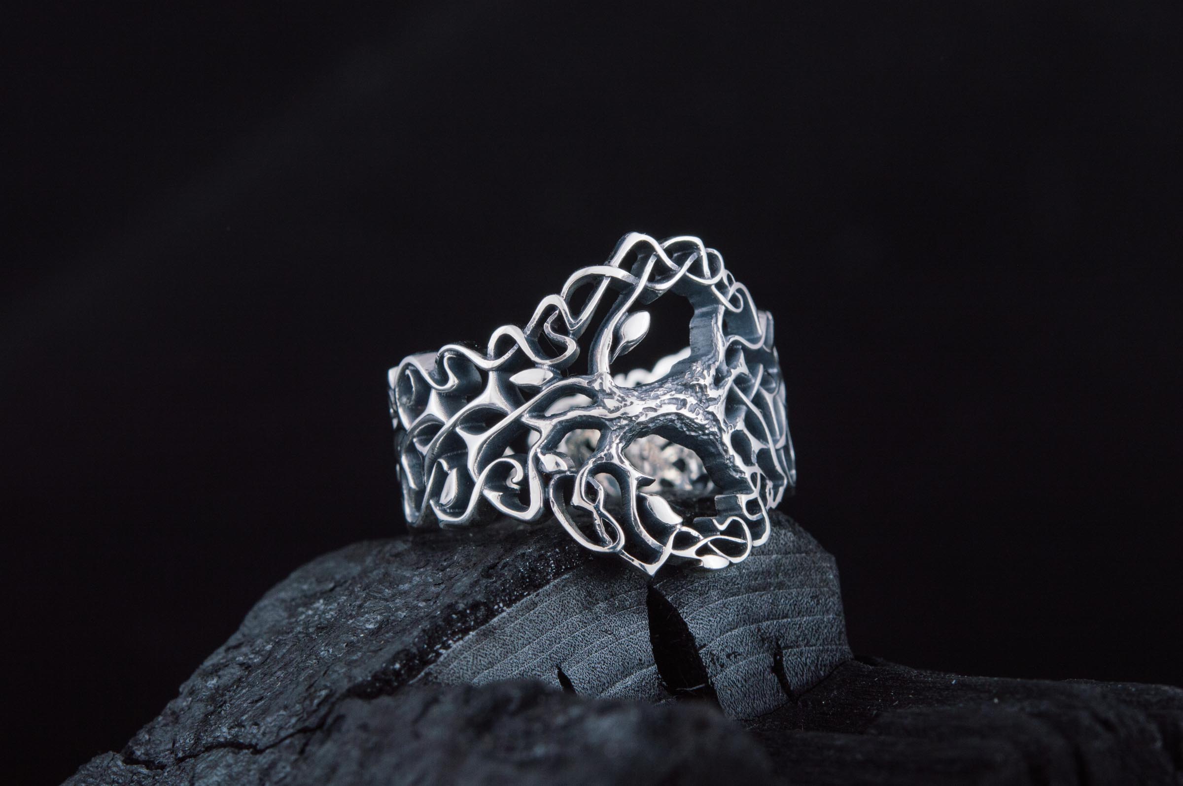 Yggdrasil Ring with Ornament Sterling Silver Unique Norse Jewelry - vikingworkshop