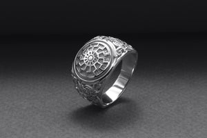 950 Platinum Ring with Black Sun Symbol and Mammen Ornament, Handmade Norse Jewelry - vikingworkshop