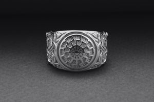 950 Platinum Ring with Black Sun Symbol and Mammen Ornament, Handmade Norse Jewelry - vikingworkshop