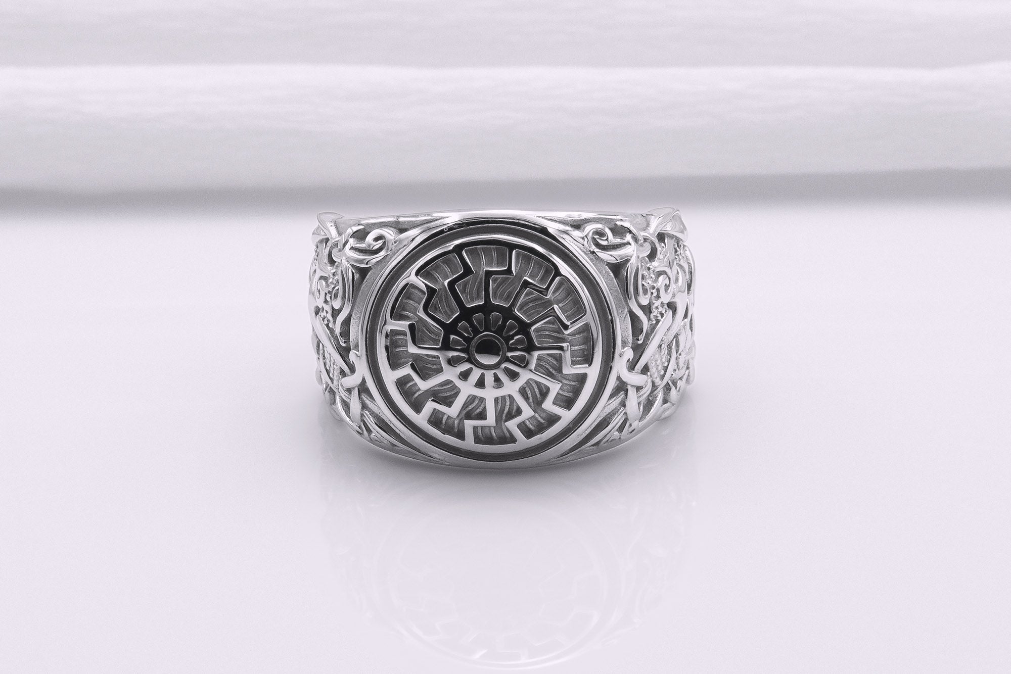 950 Platinum Ring with Black Sun Symbol and Mammen Ornament, Handmade Norse Jewelry - vikingworkshop