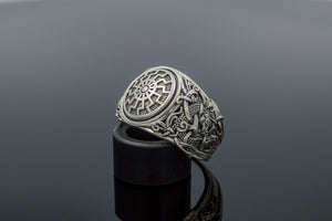 Ring with Black Sun Symbol and Mammen Ornament Sterling Silver Norse Jewelry - vikingworkshop