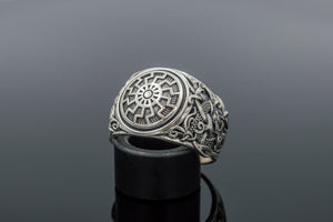 Ring with Black Sun Symbol and Mammen Ornament Sterling Silver Norse Jewelry - vikingworkshop