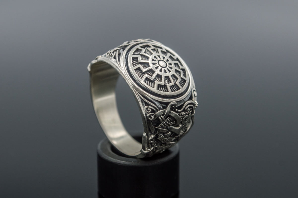 Ring with Black Sun Symbol and Mammen Ornament Sterling Silver Norse Jewelry - vikingworkshop