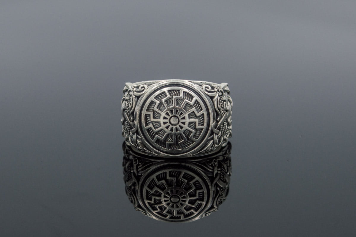 Ring with Black Sun Symbol and Mammen Ornament Sterling Silver Norse Jewelry - vikingworkshop