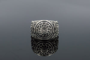 Ring with Black Sun Symbol and Mammen Ornament Sterling Silver Norse Jewelry - vikingworkshop