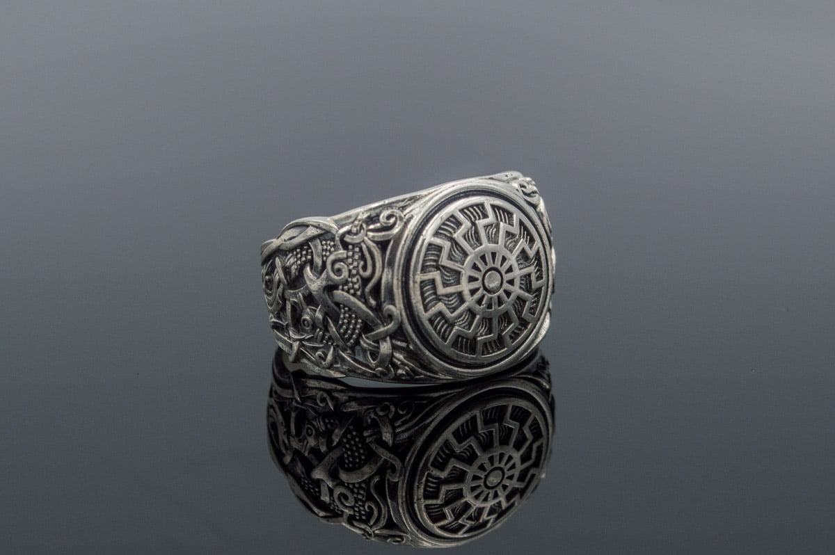 Ring with Black Sun Symbol and Mammen Ornament Sterling Silver Norse Jewelry - vikingworkshop
