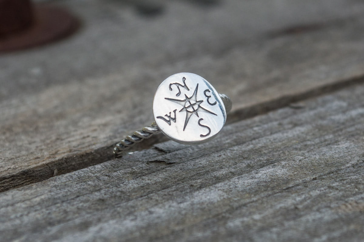 Ring with Compass Symbol Sterling Silver Unique Handcrafted Jewelry - vikingworkshop