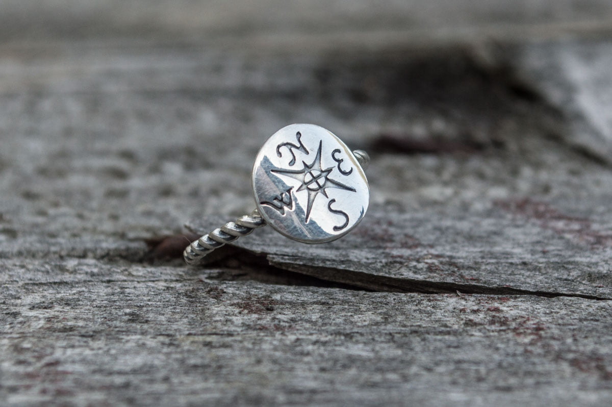 Ring with Compass Symbol Sterling Silver Unique Handcrafted Jewelry - vikingworkshop