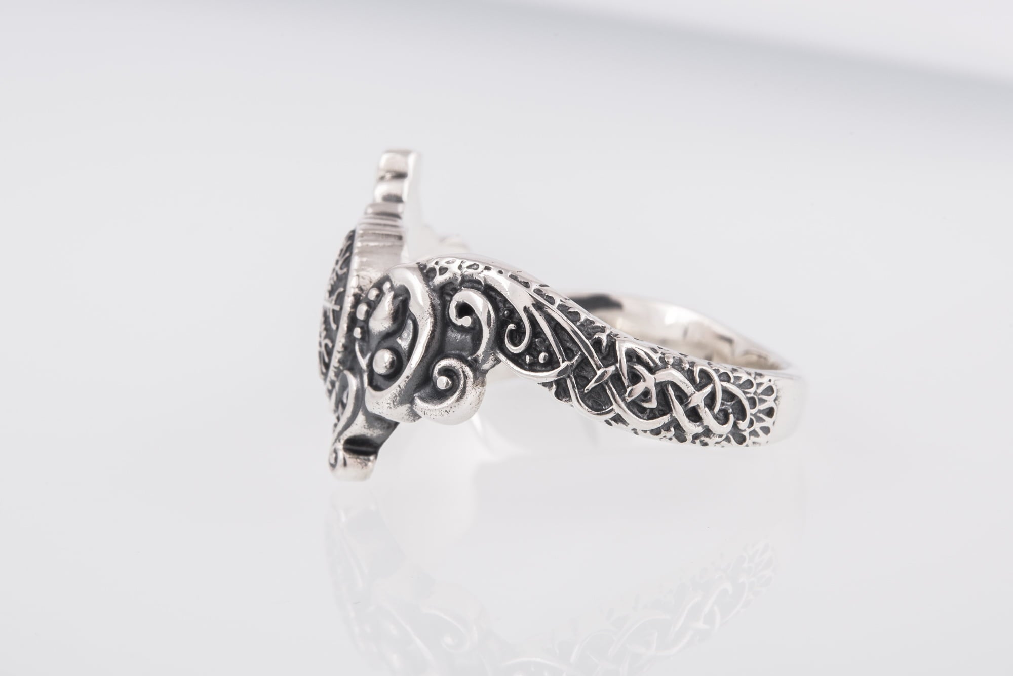 Ring with Helm of Awe Symbol and Wolf Ornament Sterling Silver Viking Jewelry - vikingworkshop