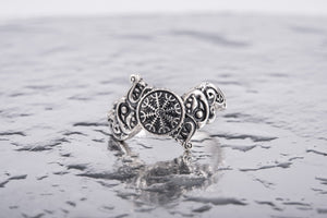 Ring with Helm of Awe Symbol and Wolf Ornament Sterling Silver Viking Jewelry - vikingworkshop