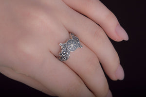 Ring with Helm of Awe Symbol and Wolf Ornament Sterling Silver Viking Jewelry - vikingworkshop