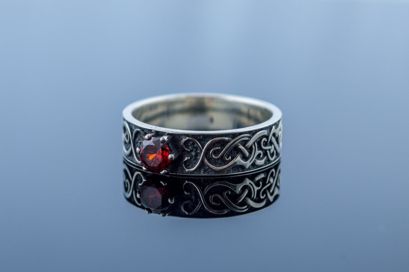 Ring with Norse Ornament and Red Cubic Zirconia Sterling Silver Handmade Jewelry - vikingworkshop