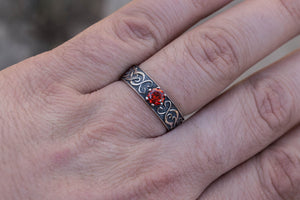 Ring with Norse Ornament and Red Cubic Zirconia Sterling Silver Handmade Jewelry - vikingworkshop